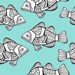 Fototapeta premium Hand drawn clown fish coloring vector pattern for children and adults. Seamless background for wallpapers, postcards and posters. Black and white. Underwater world.