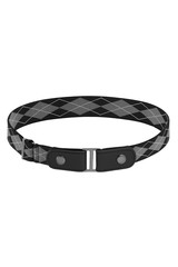 Subject shot of a black and gray canvas belt with an argyle pattern and fitted with a steel buckle and snap-fasteners. The webbing belt is isolated on the white background.