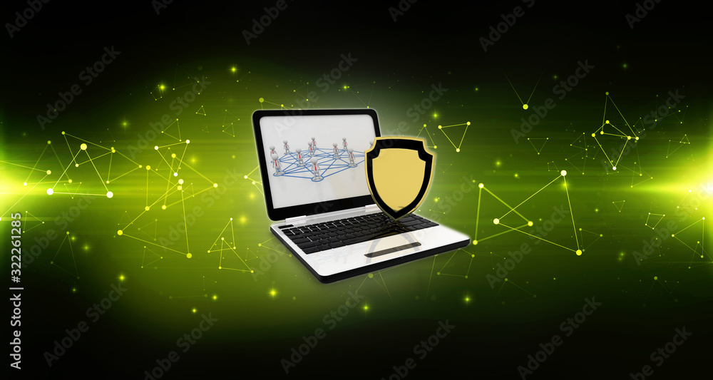 Poster laptop with shield. isolated 3d rendering image