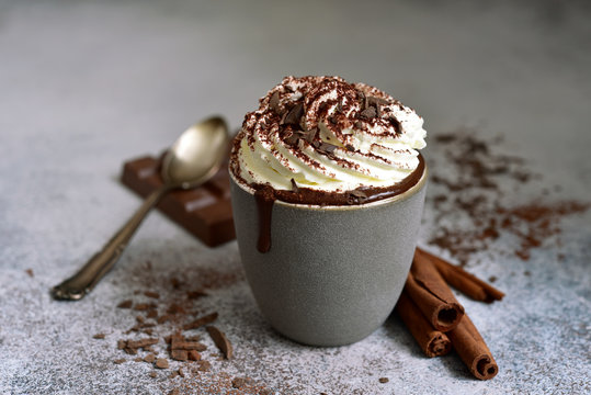 Homemade delicious spicy hot chocolate with whipped cream.