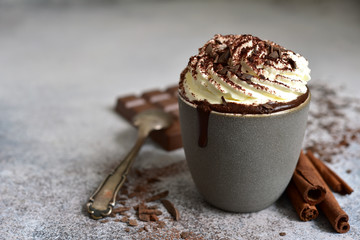 Homemade delicious spicy hot chocolate with whipped cream.