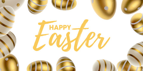 Happy Easter falling golden shine decorated eggs in shape frame isolated on white background. For greeting card, promotion, poster, flyer, web-banner, article