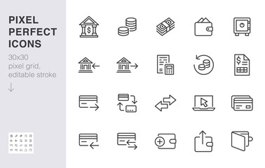Finance line icon set. Money transfer, bank account, credit card payment cash back minimal vector illustration. Simple outline sign for online banking application. 30x30 Pixel Perfect Editable Stroke