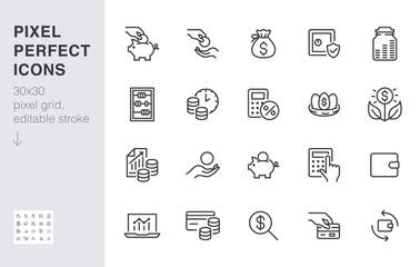Money income line icon set. Pension fund, profit growth, piggy bank, finance capital minimal vector illustration. Simple outline signs for investment application. 30x30 Pixel Perfect Editable Strokes