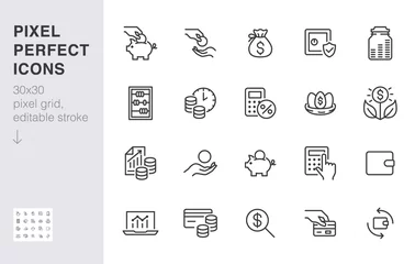 Fotobehang Money income line icon set. Pension fund, profit growth, piggy bank, finance capital minimal vector illustration. Simple outline signs for investment application. 30x30 Pixel Perfect Editable Strokes © nadiinko