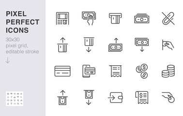 Fototapeta na wymiar Atm machine line icon set. Withdraw money, deposit, hand taking cash, receipt minimal vector illustration. Simple outline signs for payment terminal application. 30x30 Pixel Perfect. Editable Strokes