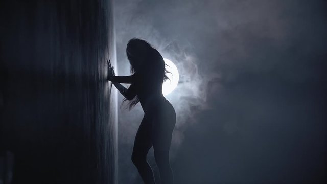 Sexy young woman dancing in high heels. Erotic dancer demonstrating her perfect sensual body. Silhouette. Slow motion
