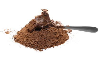 Chocolate cream spread and metal spoon with cocoa powder pile isolated on white background