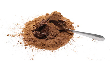 Chocolate cream spread and metal spoon with cocoa powder pile isolated on white background