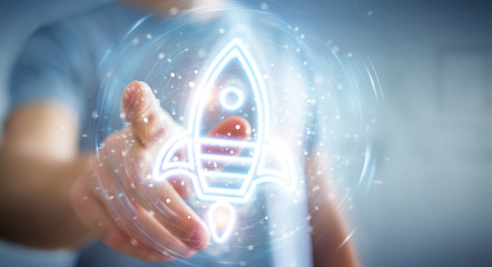 Man using startup digital neon interface 3D rendering