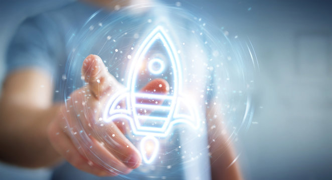 Man using startup digital neon interface 3D rendering