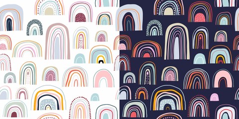 Childish seamless patterns with rainbows, decorative design, pastel colors, two different backgrounds