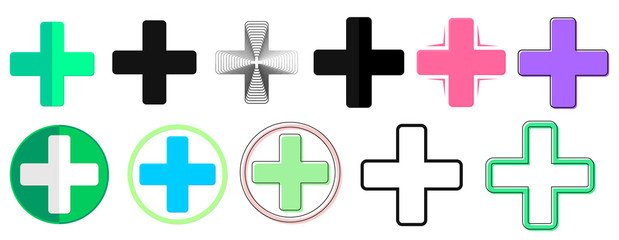 Fototapeta na wymiar Set Pharmacy icons, flat graphic design template, app icons, plus symbols, cross signs, vector illustration