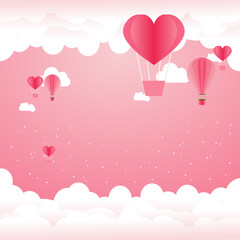 Pink Balloons floating in the pink sky. Valentine Greeting Card.