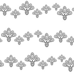 Black and white abstract flowers vector seamless pattern. Doodle style monochromatic pattern, black elements isolated on white background. 