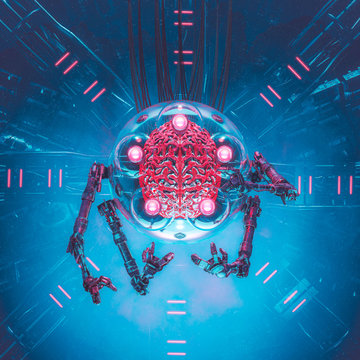 The articulated brain / 3D illustration of science fiction alien artificial intelligence brain machine encased in glass