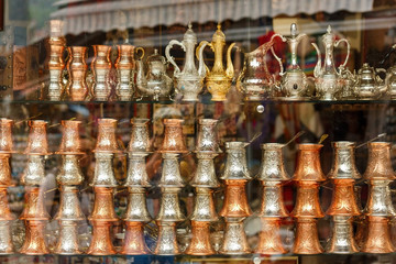 Traditional coffee pots in a shop window