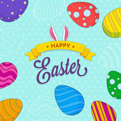 Happy Easter Font with Bunny Ear and Printed Eggs Decorated on Blue Polka Dots Background.