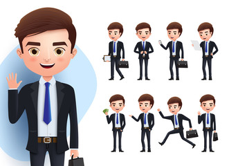 Business man vector character set. Business professional male characters in standing, waving, talking, running, walking, and reading pose isolated  in white background. Vector illustration