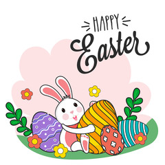 Happy Easter Poster Design with Cute Bunny holding Printed Eggs, Flowers and Leaves on White Background.