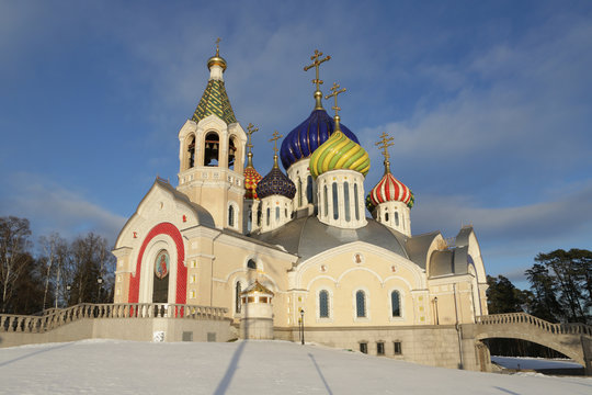 Facade of Orthodox Saint Igor Chernigovsky's church (Church of the Holy Igor of Chernigov) in Novo-Peredelkino, Moscow, Russia. Religious architecture and orthodoxy. Moscow landmark, monument. Culture
