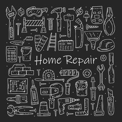Home repair tools, instruments cartoon cute hand drawn doodle vector clipart, set, illustration, elements, stickers, icons. Chalk board design. Isolated on white background. Easy to change color. 