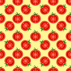 Flat natural food seamless pattern. Red juicy tomato slice isolated on yellow. Abstract texture for print, paper, kitchen design, fabric, cafe decor, wrap, backgrounds, menu, ads. Vector illustration