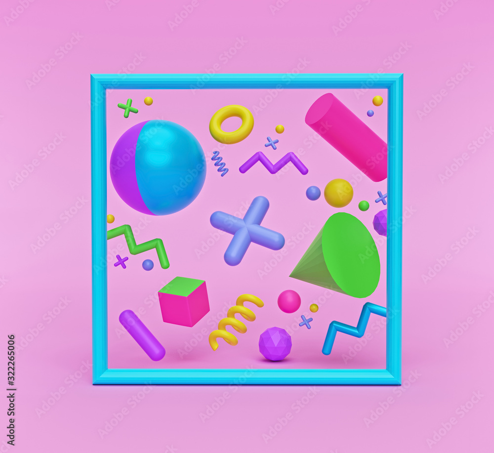 Poster flying colorful geometric shapes in motion with a square frame. modern background for design present