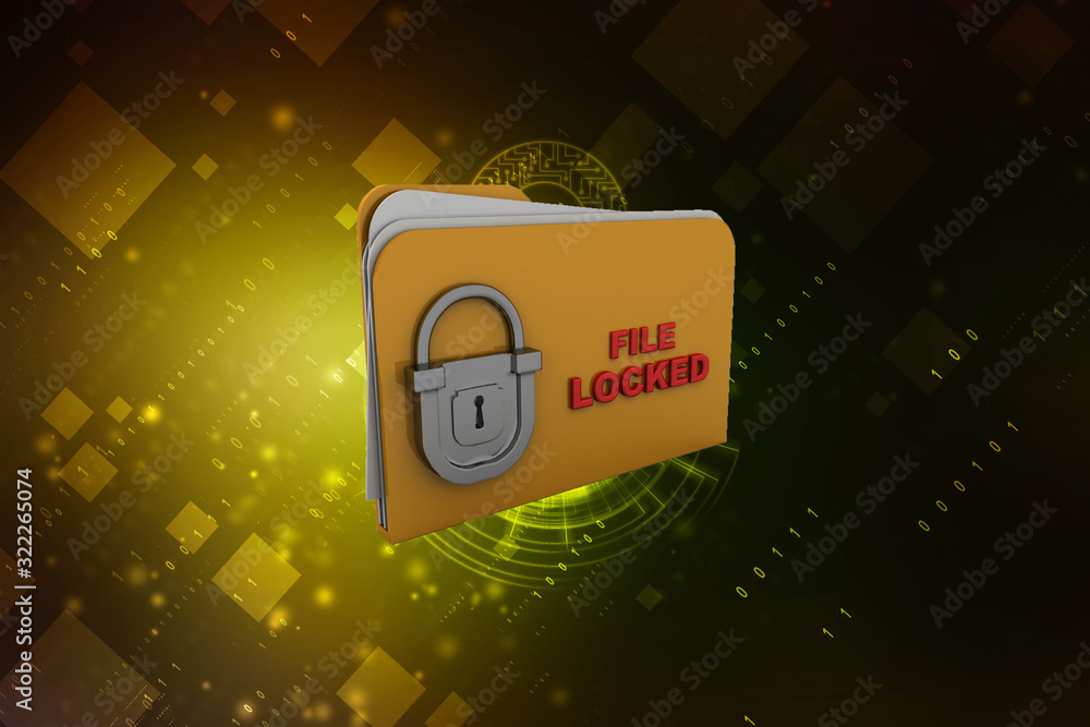 Poster yellow folder and lock. data security concept. 3d rendering