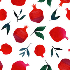 Bright watercolor seamless pattern with leaf, pomegranate, of whole garnet fruit. Concept for print posters, textile, children clothes, linens dress, fabric. Scandinavian style. On white background.