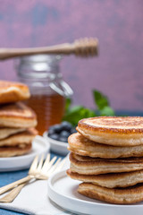 Fresh Fluffy Pancakes Stack on Plate. Copy Space