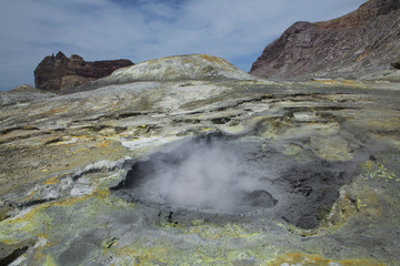 Whakaari / White Island New Zealand active volcano. Moonscape.  Andesite stratovolcano Sulphur mining