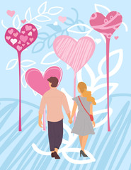 Man and woman holding each other hands, back view of walking couple, people relationships, valentine postcard decorated by hearts, romantic holiday vector