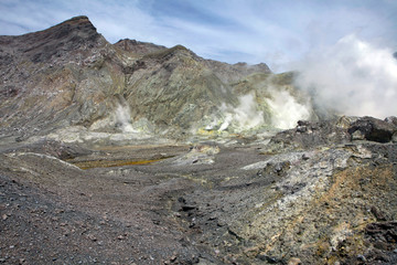 Whakaari / White Island New Zealand active volcano. Moonscape.  Andesite stratovolcano Sulphur mining