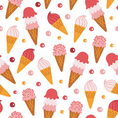 Food seamless pattern with strawberry and vanilla ice cream, candy