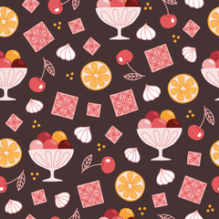 Food seamless pattern with ice cream, cherry, lemon slices, chocolate