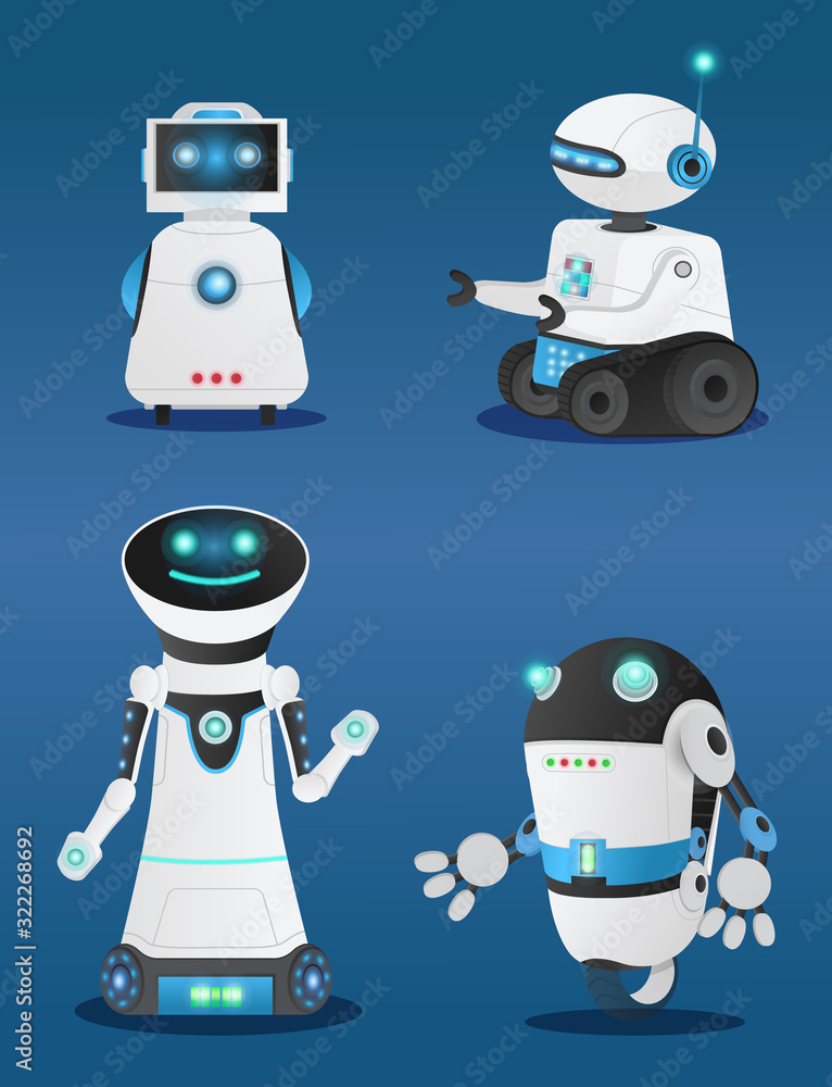 Poster collection of robotic creatures, futuristic appliances for work. robots or bots, android models remi