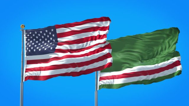 Chechnya and United States flag waving in deep blue sky together. High Definition 3D Render.