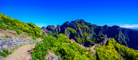 Beautiful hiking trail from Pico do Arieiro to Pico Ruivo, Madeira island. Footpath PR1 - Vereda do...