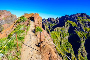 Beautiful hiking trail from Pico do Arieiro to Pico Ruivo, Madeira island. Footpath PR1 - Vereda do...