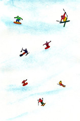 Watercolor winter poster,card,postcard.Snowboarder and skiers ride in the mountains.Winter illustration.