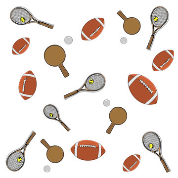 vector illustration of tennis rackets, ping pong rackets with balls and rugby balls on a bln background for use in web interface and advertising