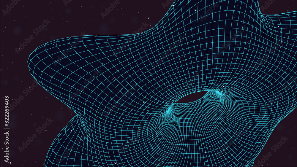 Poster 80s retro background. abstract 3d wireframe object on dark backdrop. vector illustration