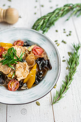 Appetizing rice noodle paste with grilled vegetables. view from above. Beautifully served pasta with vegetables. on white background