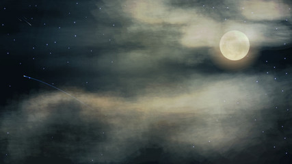 Fototapeta na wymiar Night sky with full moon in thick clouds, vector photorealistic illustration