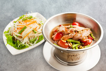 Grilled Pork Neck Salad Thai food, Hot and Spicy Slice grilled pork