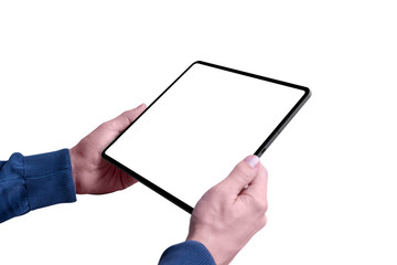 Isolated tablet mockup in horizontal position in man hands