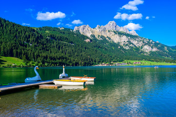 Haldensee - beautiful lake in Tannheim valley with mountain scenery - Alps, Tirol, Austria, Europe