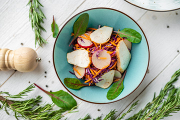 vegetable mix salad. delicious vegetable salad. view from above. White background.