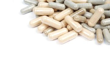 Pills Or Medications Are Scattered On A White Background. Layout for Advertising, Web background. The Concept Of Medicine, Pharmacy And Health Care.